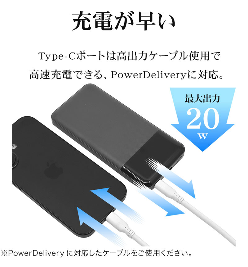 ����Ŵ �������Хåƥ꡼ 10000mAh 3�ݡ��� USB Type-C PD�б� 20W Type-A ���� �ۥ磻�� RLI100C20W03WH