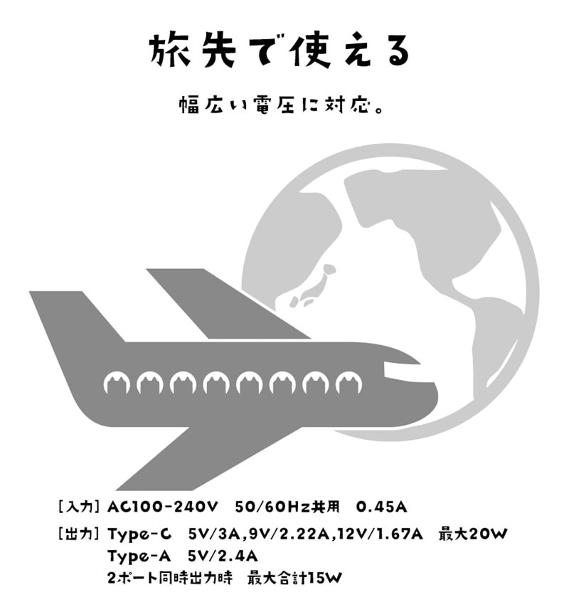 ��Фˤ㡼 USB���Ŵ� 2�ݡ���PD�б� USB Type-C Power Delivery 20W Type-A 2.4A ��Х˥㡼 ���Ϥ� RACCA20W03KHK