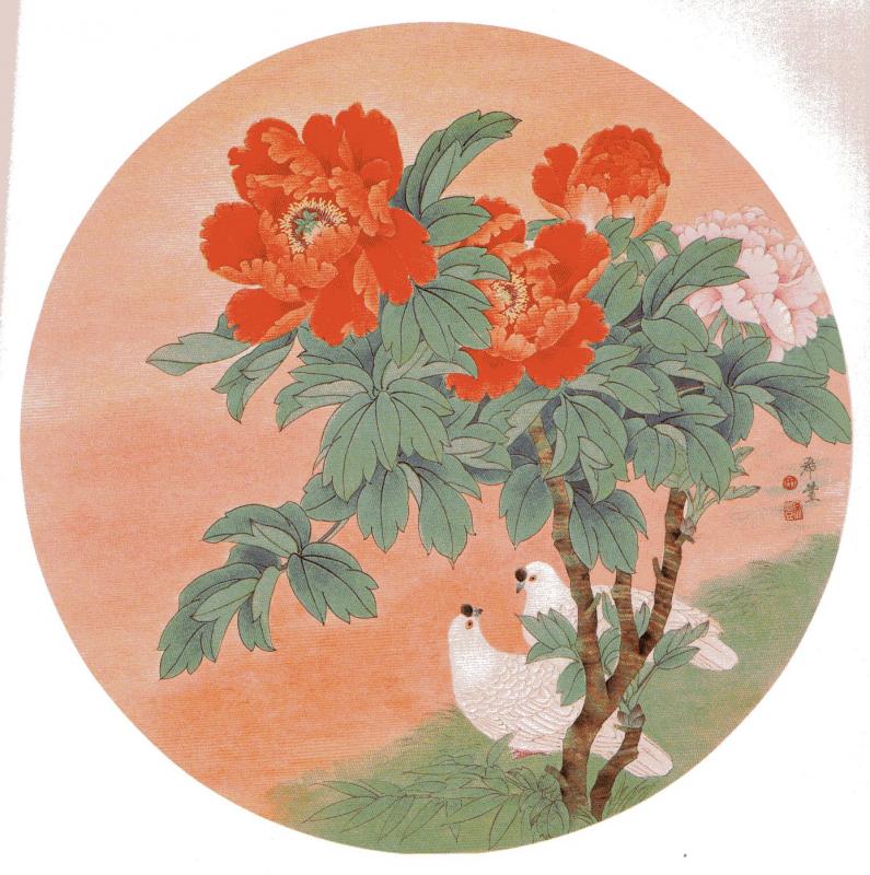 扇型　牡丹　押絵　絵画　ガラス額付き 扇型 牡丹 押絵 絵画 ガラス額付き y699-1.jpg