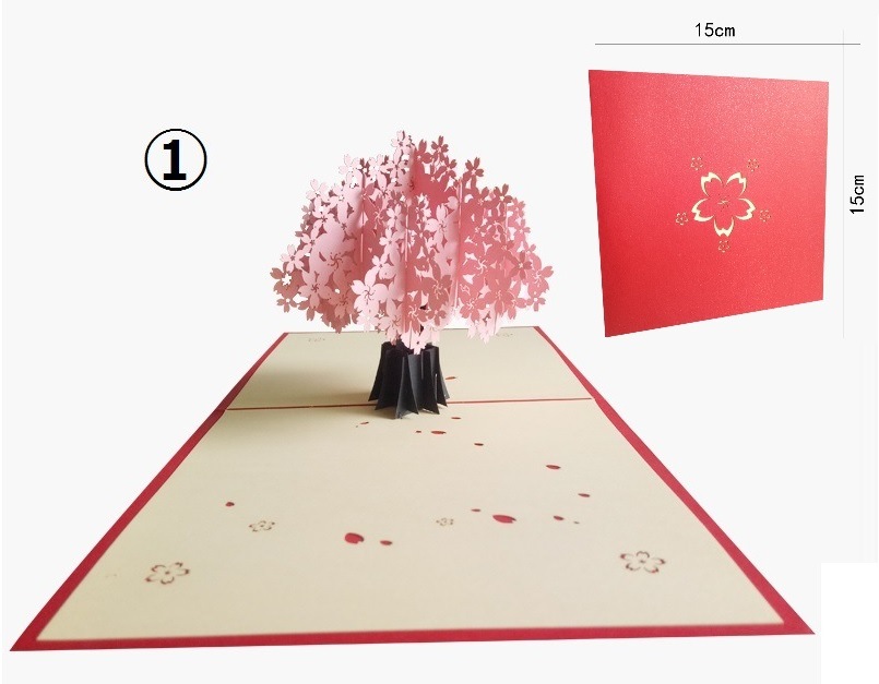 紅梅と桜 立体切り絵 グリーティングカード ポップアップカード