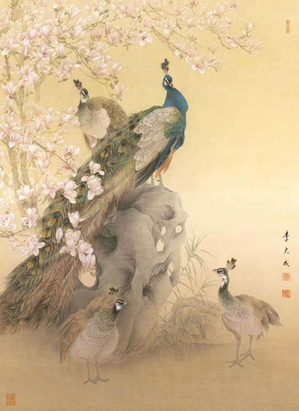 中国画 作者不詳作 絹本大幅 ダイナミックな描き込み 素晴らしい作品 李大成工筆禽鳥 細密画 中国工筆画技法書 中国現当代名家画範 中学絵画