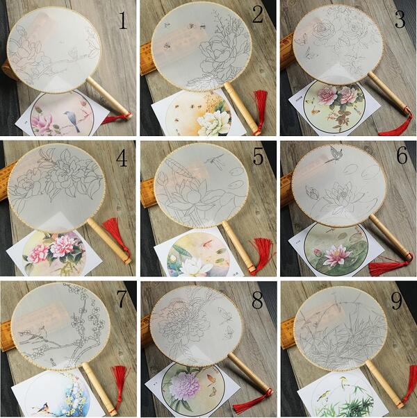 DIY 工筆シルク団扇うちわ 絵付け体験 蓮花団扇 白描画扇/工笔手