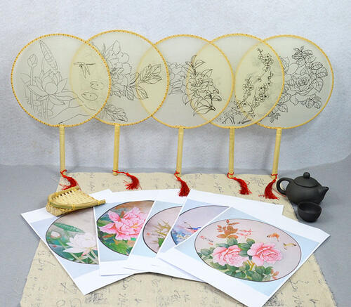 ♦中国陶磁器 瓔珞紋 団扇美人図 粉彩花瓶 陶画工１級職人手描き絵付け骨董品 DIY 工筆シルク団扇うちわ 絵付け体験 蓮花団扇 白描画扇/工笔手