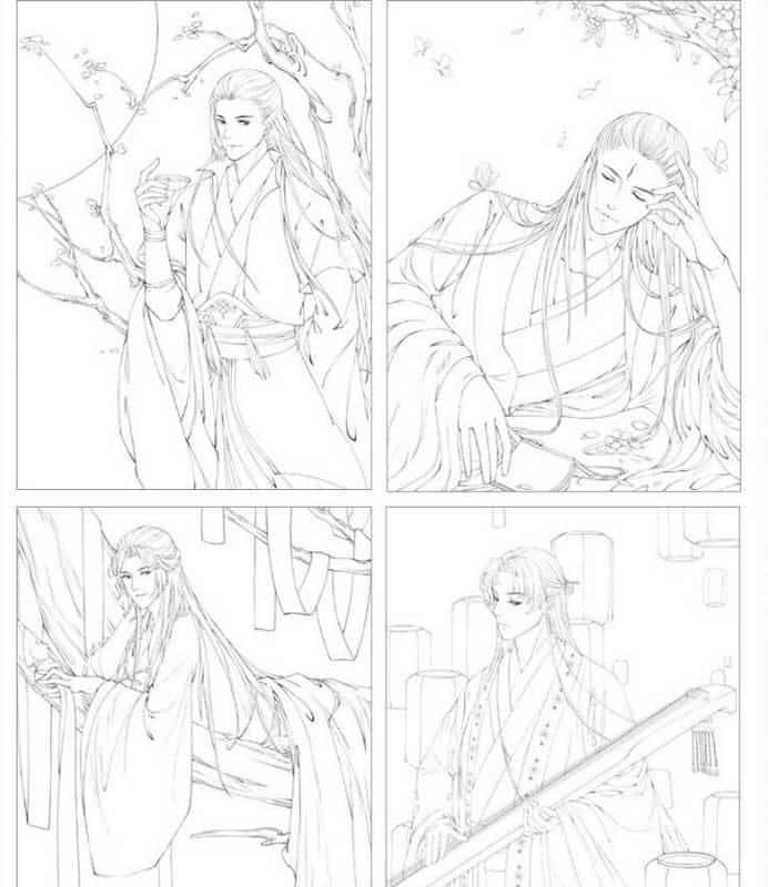 美しい男 鉛筆線描技法 中国古風男性アニメ絵画技法書 大人の塗り絵