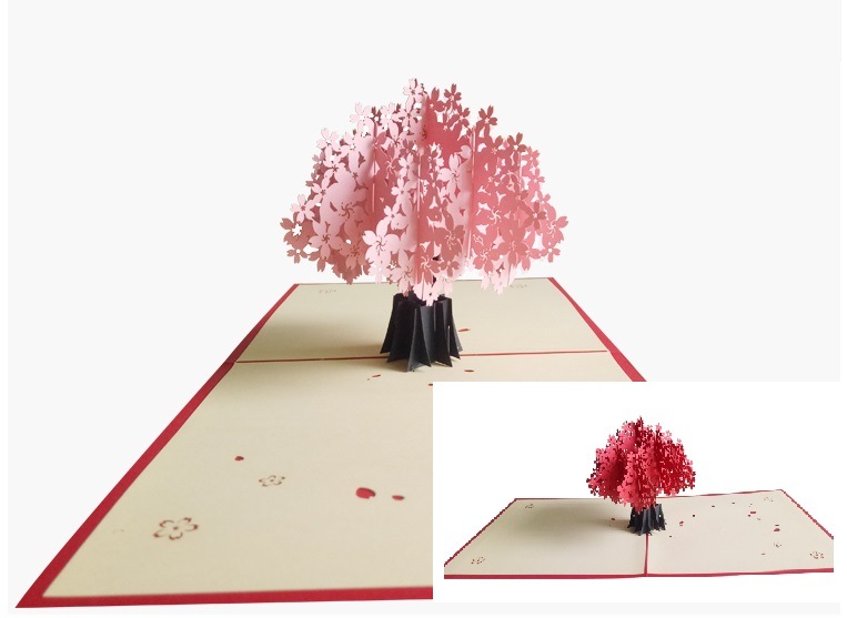 紅梅と桜 立体切り絵 グリーティングカード ポップアップカード