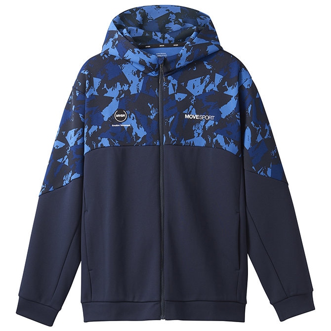 ムーブスポーツ フルジップパーカー S.F.TECH SHIELD 総柄グラフィック フードロゴ フルジップフーディー メンズ ブルー/ネイビー DMMWJF23-BLNV MOVE Sport デサ
