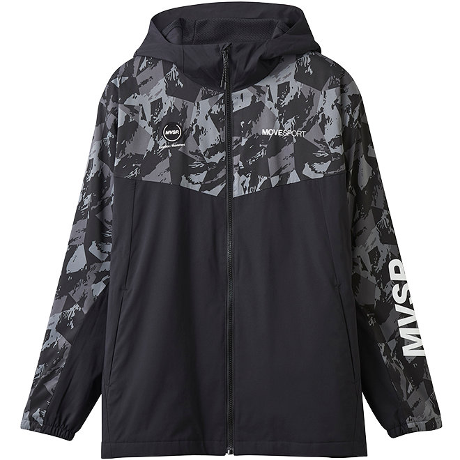 ムーブスポーツ 撥水ジャケット フード付き HEATNAVI 総柄グラフィック スリーブロゴ フルジップフーディー メンズ ブラック/ブラック DMMWJF30-BKBK MOVE Sport デサン