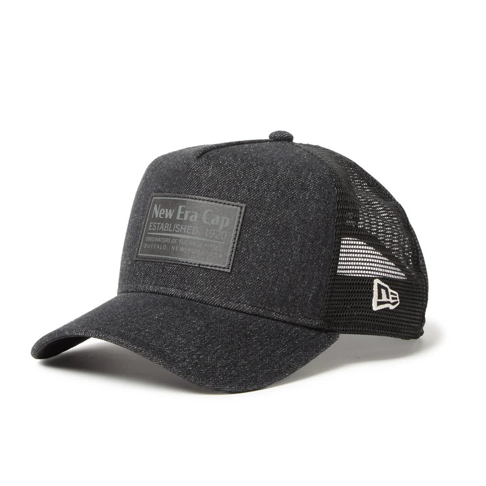 NEW ERA ニューエラ メッシュキャップ 9FORTY A-Frame トラッカー Denim ウーブンパッチ ブラックデニム 14667858|キャップZONE