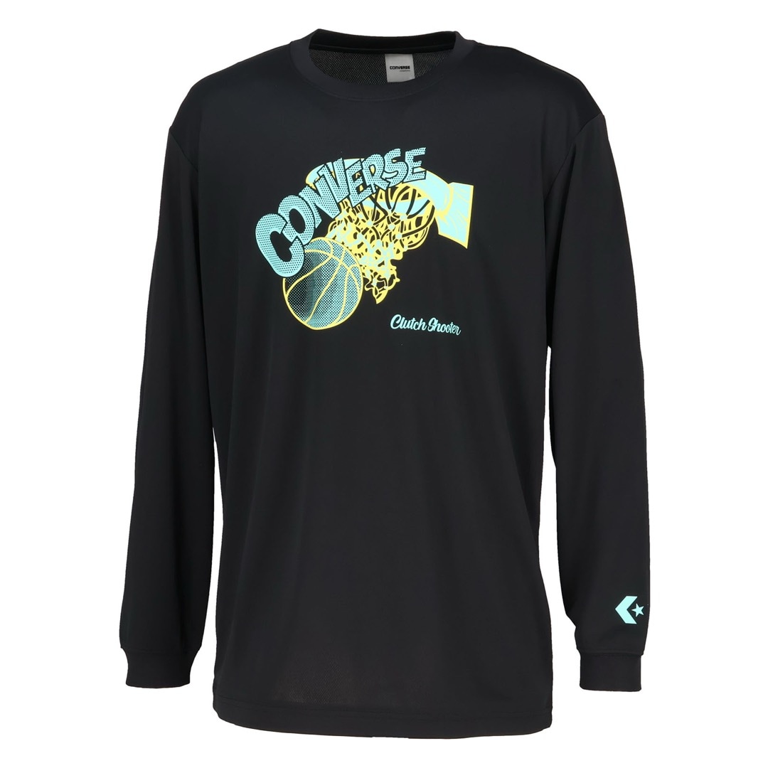 コンバース Tシャツ 長袖 ロンT 吸汗速乾 メンズ スポーツTシャツ バスケットボール ブラック×ターコイズ CB252365L-1924