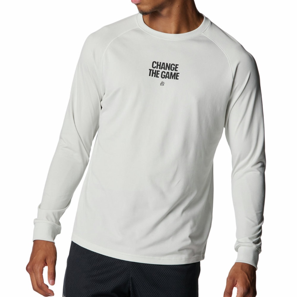 アンダーアーマー カリー テック ロゴ ロングスリーブ Tシャツ メンズ バスケットボール 長袖Tシャツ ホワイトクレイ/ブラック 6007865-114|トレーニングウエアZONE