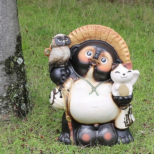 信楽焼 たぬき 信楽焼きたぬき 20号福招き猫ふくろう持ち狸 陶器タヌキ