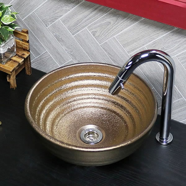 信楽焼 手洗い鉢,小型サイズ 金彩 手洗い鉢【小型サイズ】 信楽焼き手洗器 陶器の手水鉢 陶器 丸型 ゴールド [tr-2273] - まるいち本店