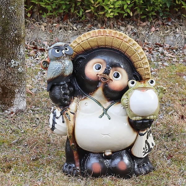 信楽焼 たぬき 信楽焼きたぬき 20号福招き蛙ふくろう持ち狸 陶器タヌキ 