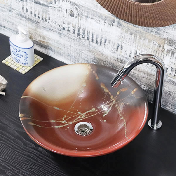 信楽焼 手洗い鉢,小型サイズ 焦げビードロ 手洗い鉢【小型サイズ】 信楽焼き手洗器 陶器の手水鉢 洗面ボウル [tr-2302] - まるいち本店