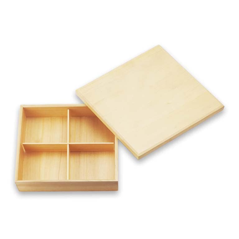 越前河和田塗　線引塗　蓋付木目松花堂弁当箱　4仕切り　小皿2枚付き　6セット 越前河和田塗 線引塗 蓋付木目松花堂弁当箱 4仕切り 小皿2枚付き