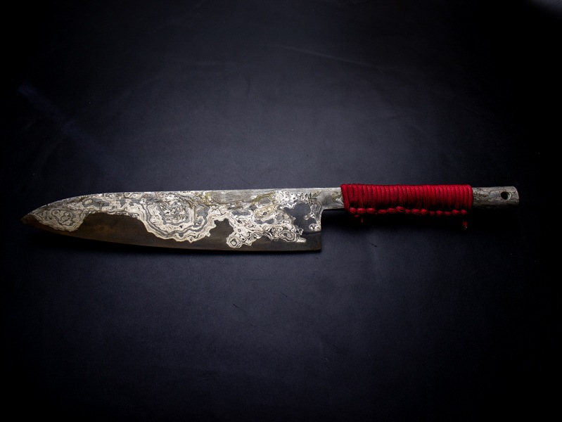 刀匠 高羽弘宗作 雅 牛刀 8寸 共柄 赤糸巻 ダマスカス 工芸包丁 高級