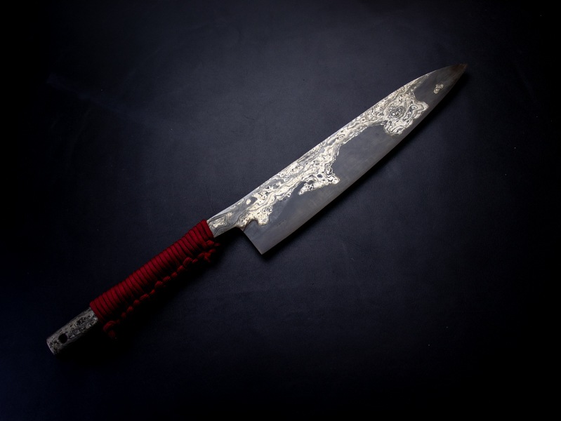 刀匠 高羽弘宗作 雅 牛刀 8寸 共柄 赤糸巻 ダマスカス 工芸包丁 高級