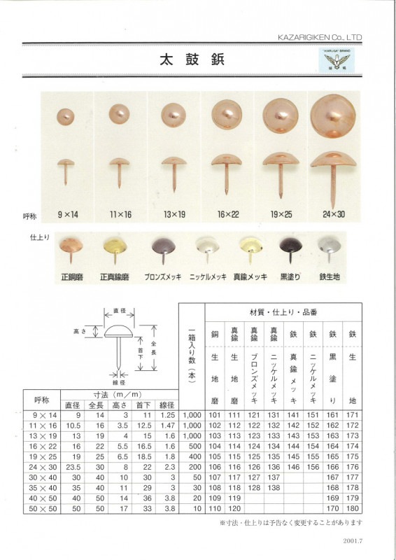 太鼓鋲 (錺鋲) 銅生地・真鍮生地・真鍮ブロンズメッキ・真鍮ニッケルメッキ・鉄真鍮メッキ・鉄ニッケルメッキ・鉄黒塗り・鉄生地