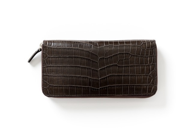 クロコダイル ラウンドファスナー長財布　ブラウン