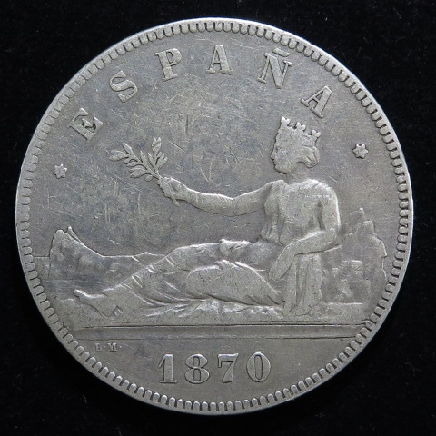 珍）スペイン 1870年 2ペセタ （珍）スペイン 1870年 2ペセタ 銀貨