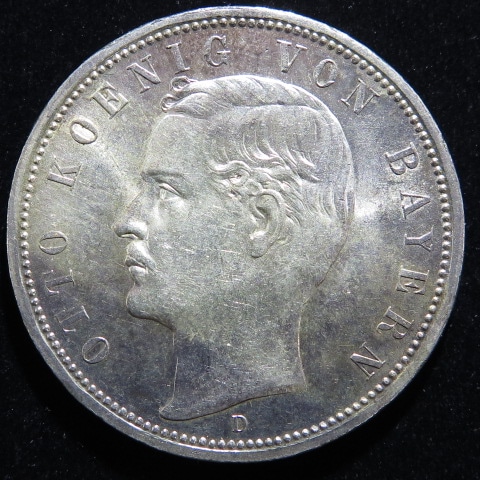 外国銭】 ドイツ バイエルン オットー 5マルク銀貨 1913年 （未使用