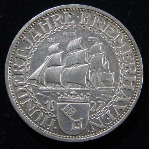 外国銭】 ドイツ ワイマール 帆船 3ライヒスマルク銀貨 1927年 （極美