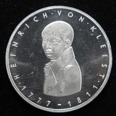 外国銭】 ドイツ クライスト生誕200年 5マルク銀貨 1977年 （未使用