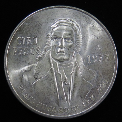 外国銭】 メキシコ ホセ・モレーロス 100ペソ銀貨 1977年 （未使用