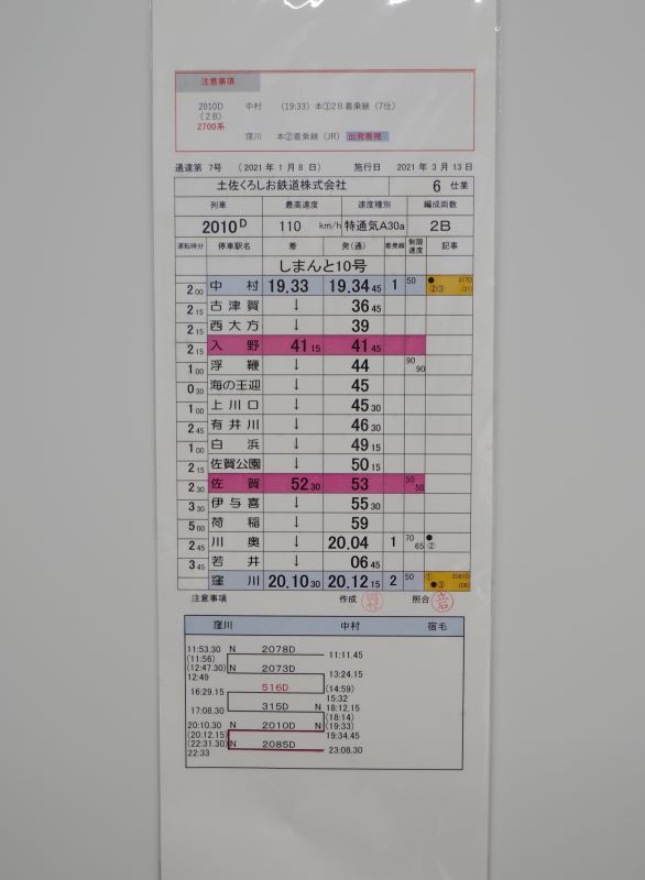 【レプリカではなく本物です！】土佐くろしお鉄道株式会社　乗務行路表（列車番号：２０１０、　しまんと１０号）　ケース付き