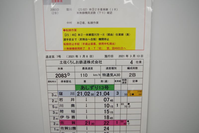 【レプリカではなく本物です！】土佐くろしお鉄道株式会社　乗務行路表（列車番号：２０８３、　あしずり１３号）　ケース付き