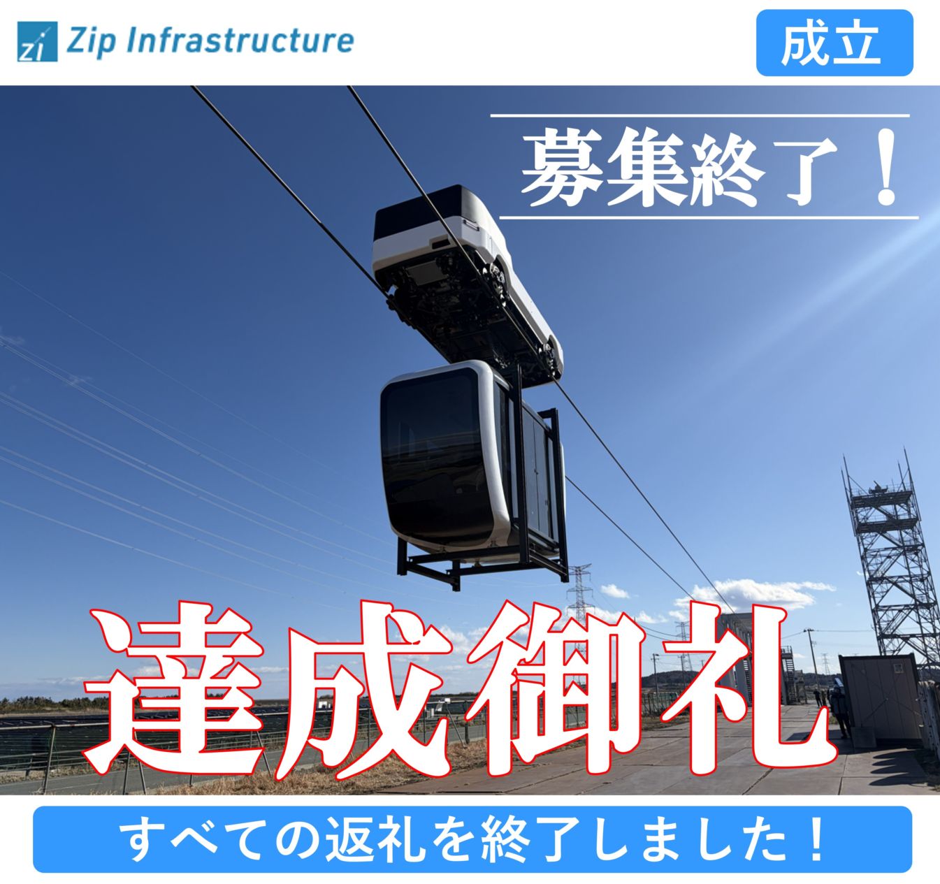 【クラファン】（寄付型）空を走る次世代の都市交通をあなたの手で実現させて、いち早く乗ろう！！（Zip Infrastructure株式会社）