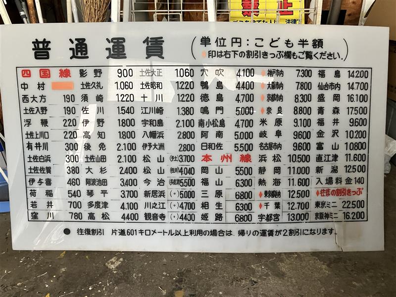 【オークション】国鉄中村線 中村駅 運賃一覧表(土佐くろしお鉄道株式会社)