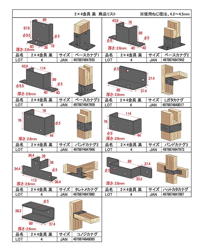 2×4金具 黒 ベース金具3 ［4個］2x4用ツーバイフォー金具 |ネジ
