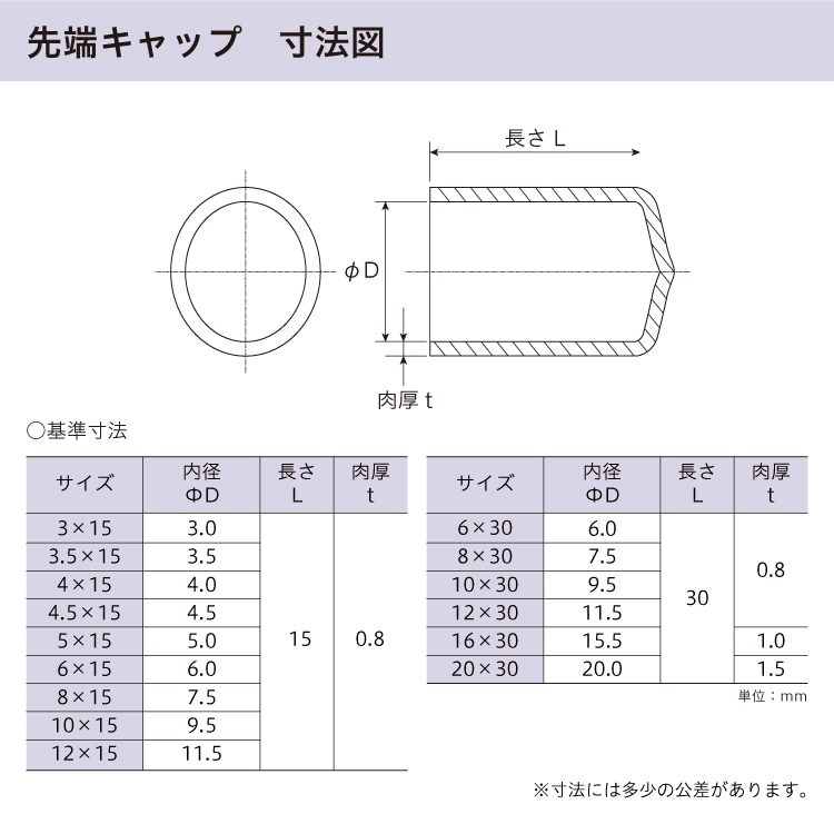 八幡ねじ 先端キャップ 全3色 内径3mm-20mm 長さ15mm/30mmねじ