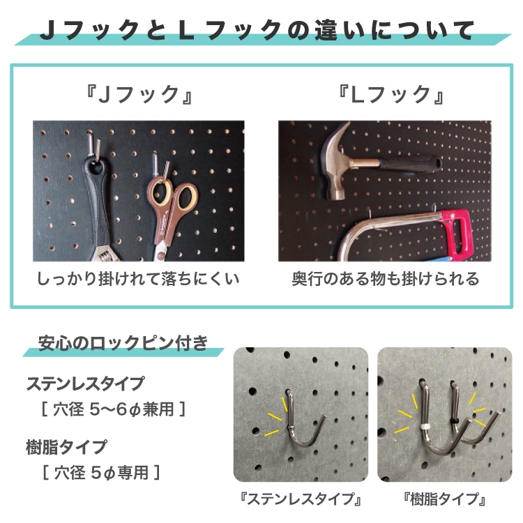 有孔ボード Lフック ステンロックピン付 穴径 5mm ・6mm / 5φ・6φ用