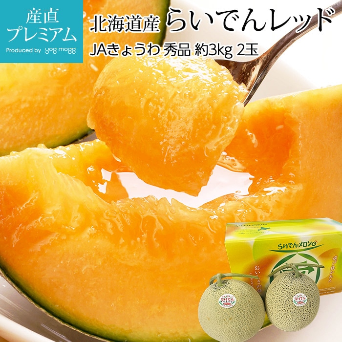 メロン らいでんメロン 赤肉 秀品 約3kg 2玉 北海道産 <br>【らいでん