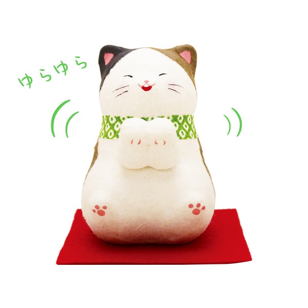 ちぎり和紙ソーラー両手招き 福笑い猫(三毛猫)