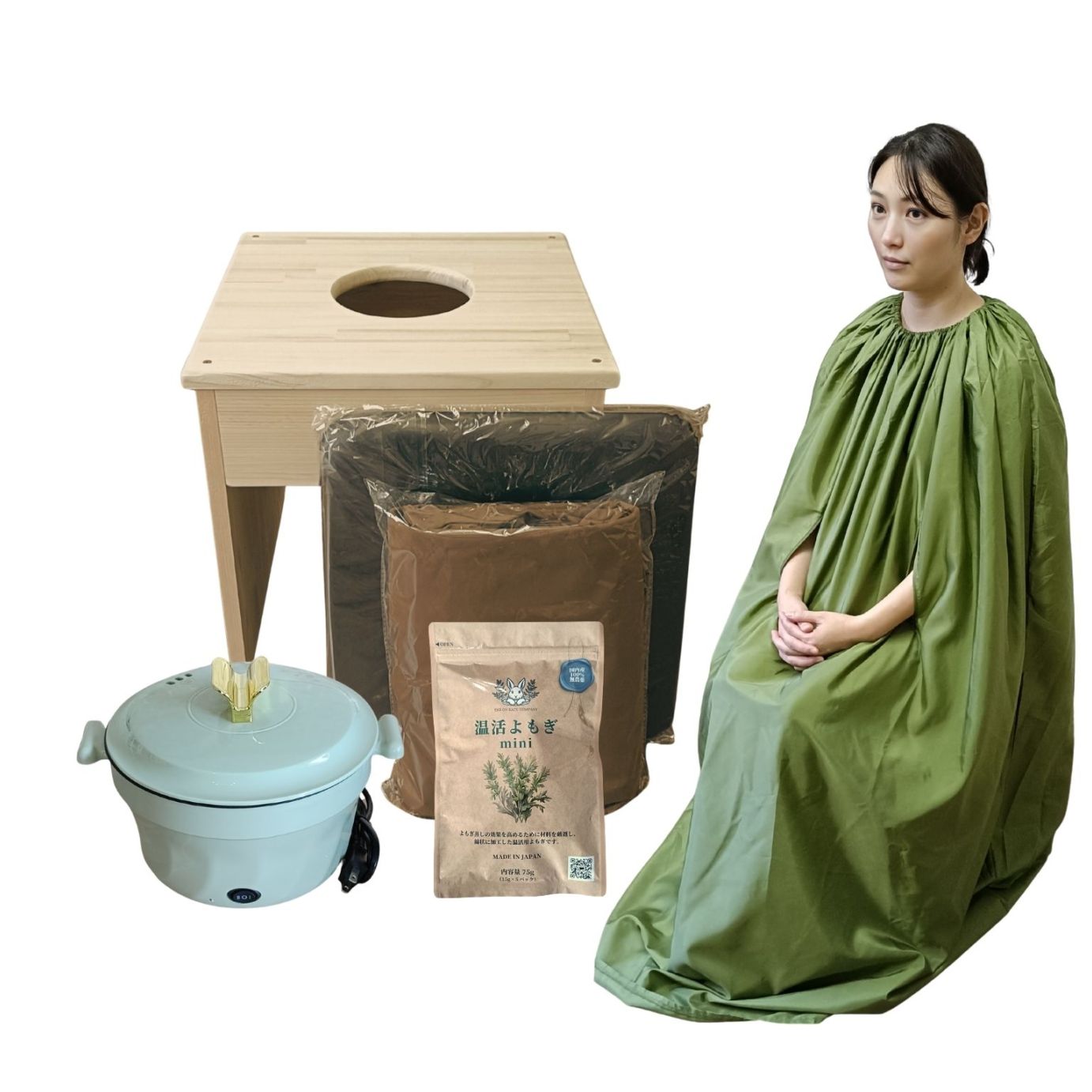 腕出しマント☆国産ヒノキ椅子のよもぎ蒸しセット | All_items | 温活