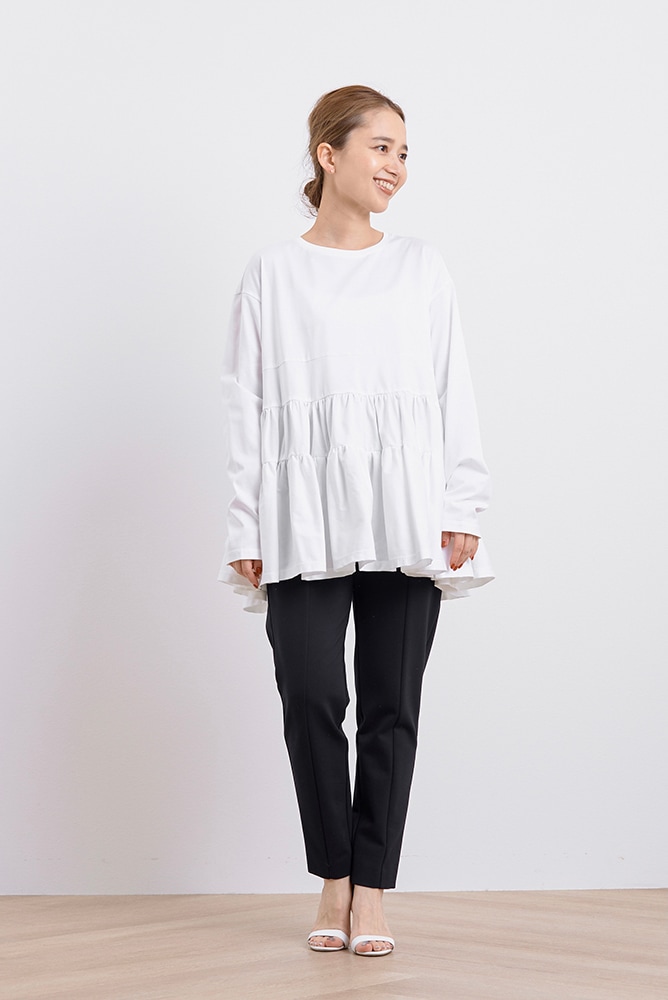 yori 裏毛ヘムギャザーカットソーブラック