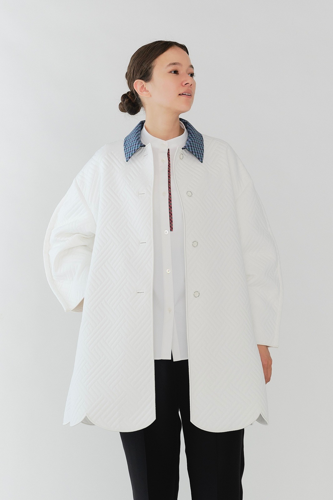 ヨリ　シロコン　yori shirocon ケープ　コート familiar × shirocon】もくもくキルトチェックコート | familiar