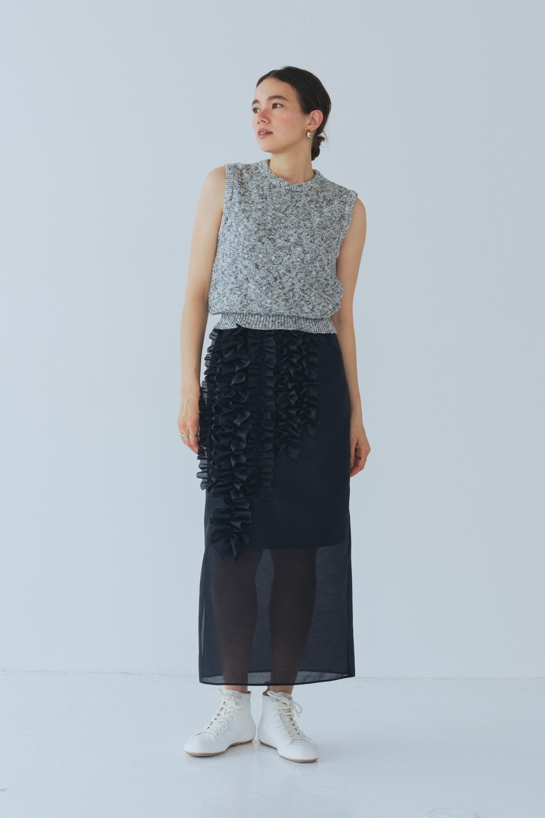 【新品未使用】yori たっぷりフリルシアースカート ブラック 38 たっぷりフリルシアースカート | 2025 SM Collection| yori