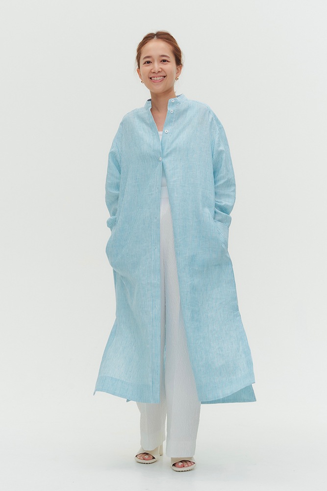 フレンチリネンストライプシャツワンピース