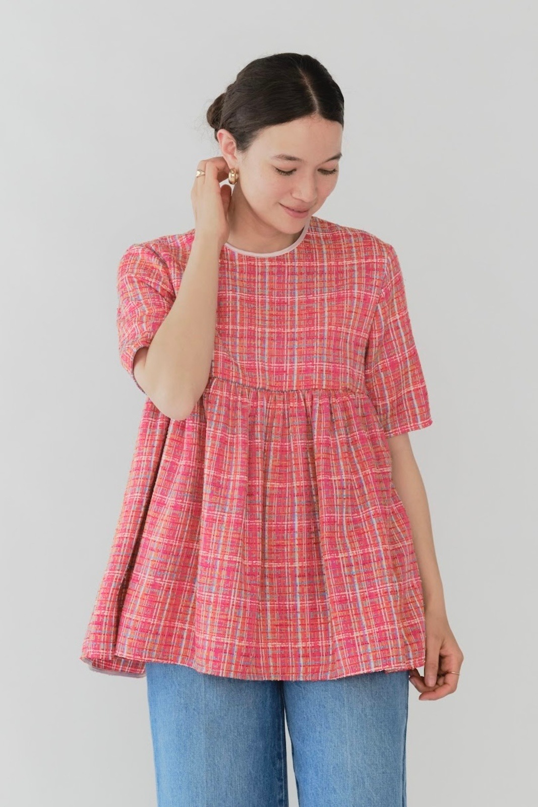 yori イッピーチェックフレアブラウス/オレンジ/M イッピーチェックフレアブラウス | all item| yori