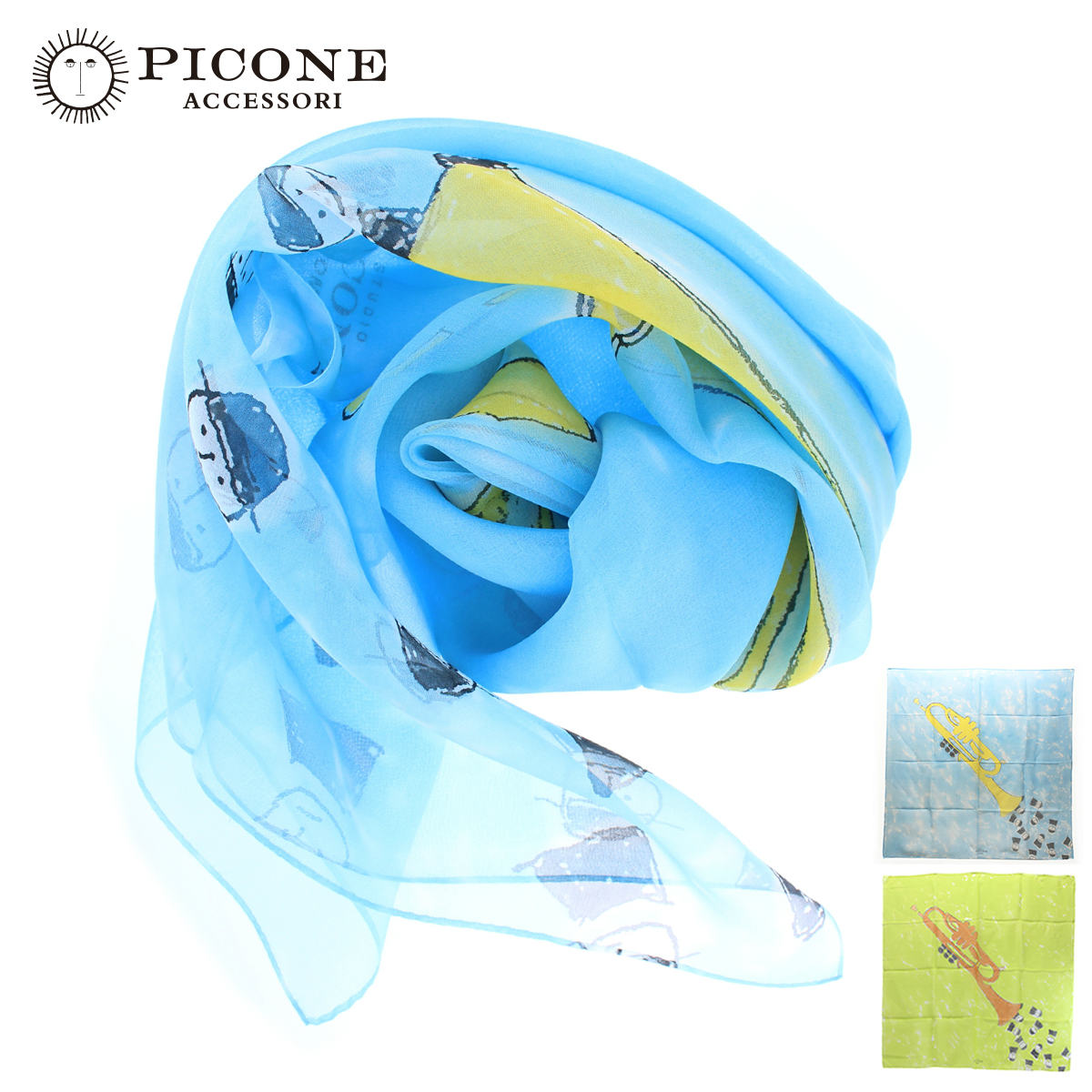 ピッコーネ アッチェッソーリ スカーフ シルクシフォン 大判 90 90 ラッパのイラスト ピッコーネ アッチェッソーリ スカーフ バンダナ ヨークスオンライン本店 手袋と服飾雑貨の専門店