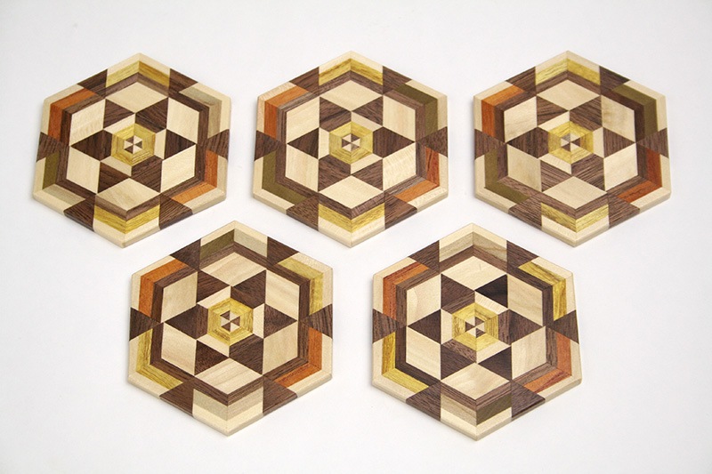 箱根畑宿寄木細工 丸盆•菓子器(2器) 茶托(5枚)、コースター(5