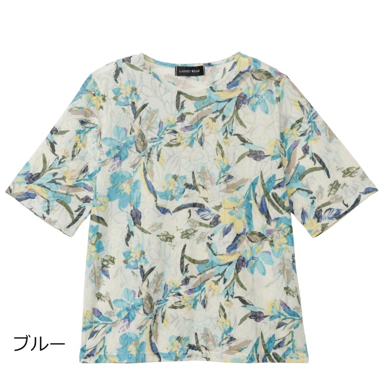 麻混】【S~L】花柄 Tシャツ レディース 五分袖 綿混 麻混 S M〜L 