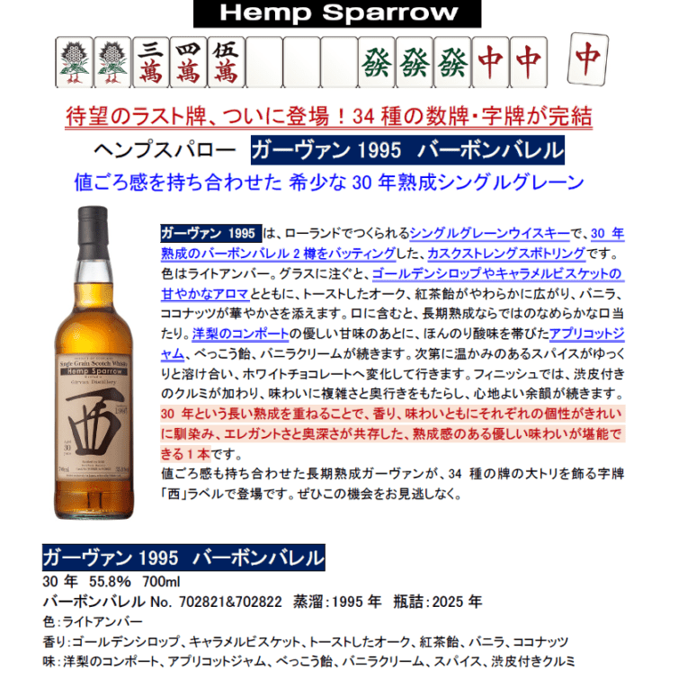 【先行予約】ガーヴァン１９９５　バーボンバレル　３０年　７００ｍｌ