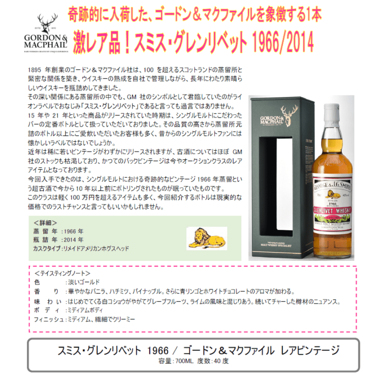 先行予約】スミス・グレンリベット 1966 ／ ゴードン＆マク