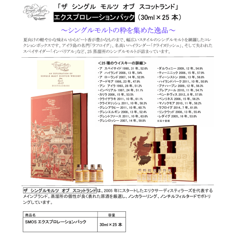 【入手困難】スコッチウイスキー エクスプロレーションパック(30ml×25本) 先行予約】ザ シングル モルツ オブ スコットランド エクスプロ
