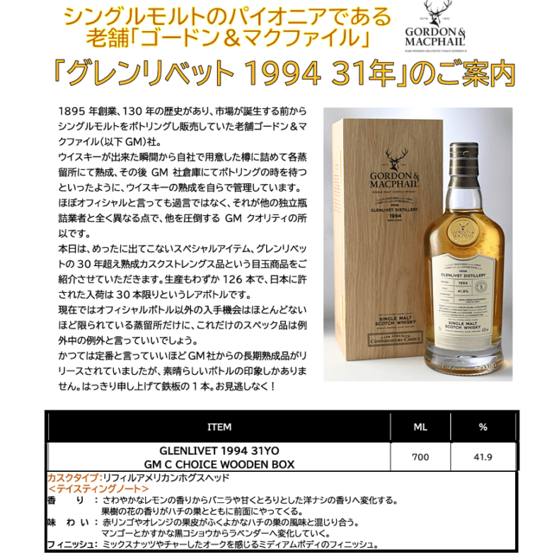 【先行予約】ゴードン＆マクファイル　コニサーズチョイス　ウッデンボックス　グレンリベット　１９９４　３１年　７００ｍｌ
